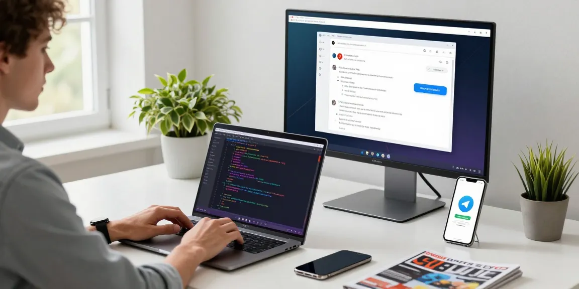Developer in a modern workspace reviewing the Telegram download process on laptop and smartphone