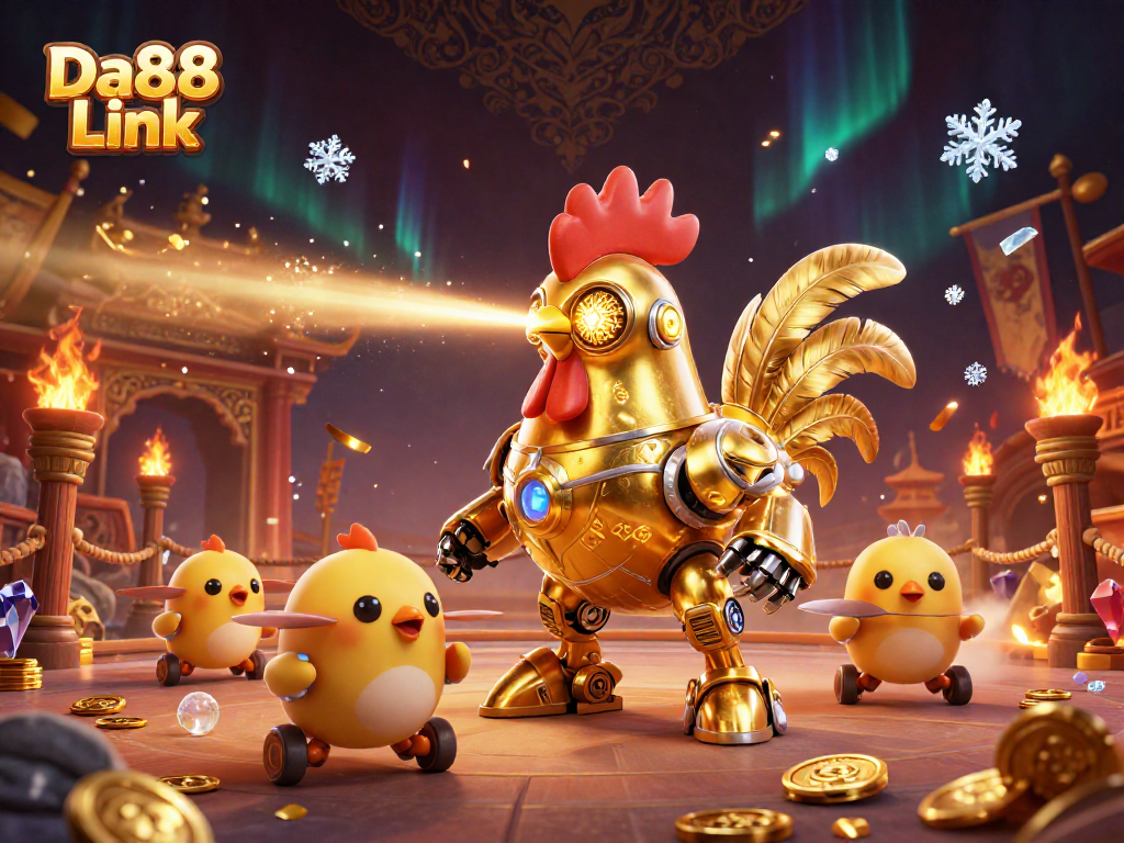 Experience thrilling adventures at Da88 Link with a vibrant golden rooster robot leading the way in an intricate casino scene.