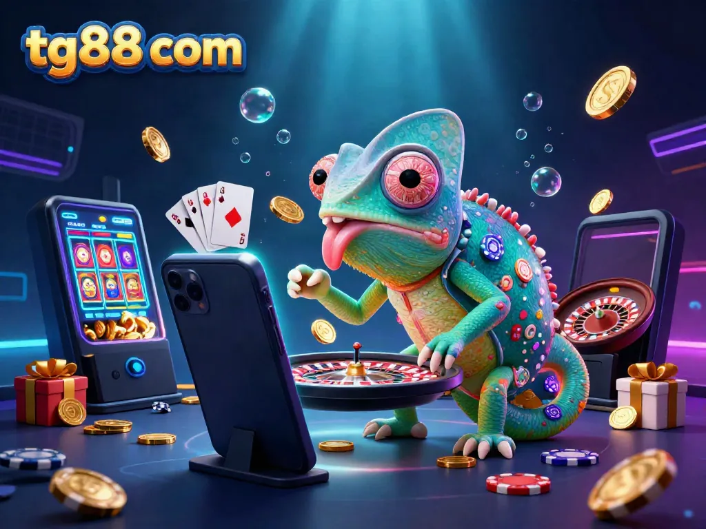 Engage with thrilling games on tg88 com as the chameleon casino owner captures golden coins in this vibrant scene.