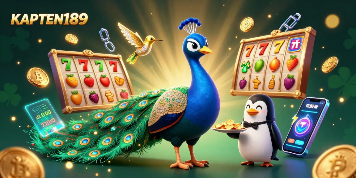 KAPTEN189 menyajikan ilustrasi kasino online dengan burung merak, penguin, dan kolibri sambil bermain slot.