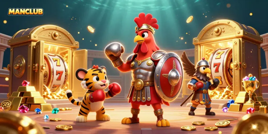 MANCLUB slot action scene with a gladiator rooster and treasure vaults in a stunning 3D illustration.