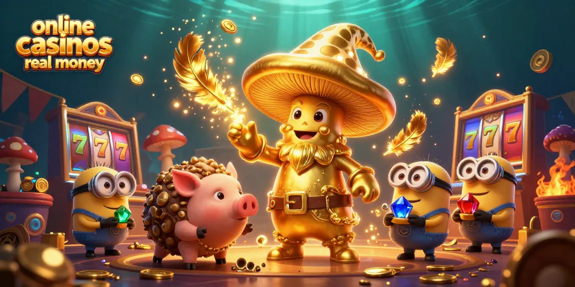 Experience the magic of online casinos real money with a whimsical scene of a wizard and treasures.