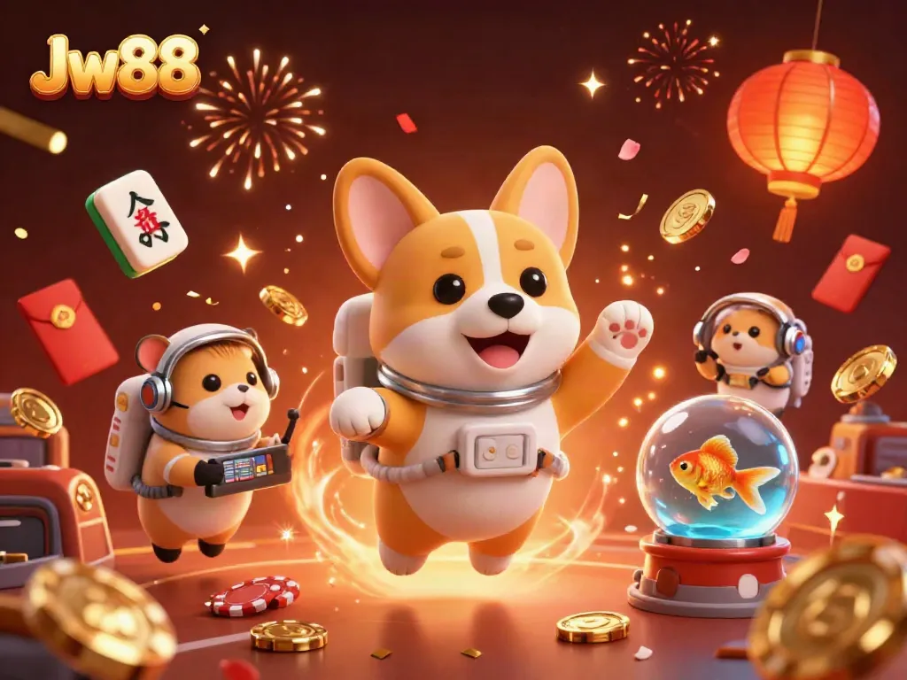Experience the thrill of Jw88 with a playful astronaut corgi in a vibrant casino environment.