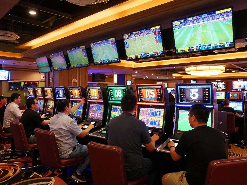 Exciting scene of sports fans placing bets at kèo nhà cái 88 sportsbook with active odds screens visible