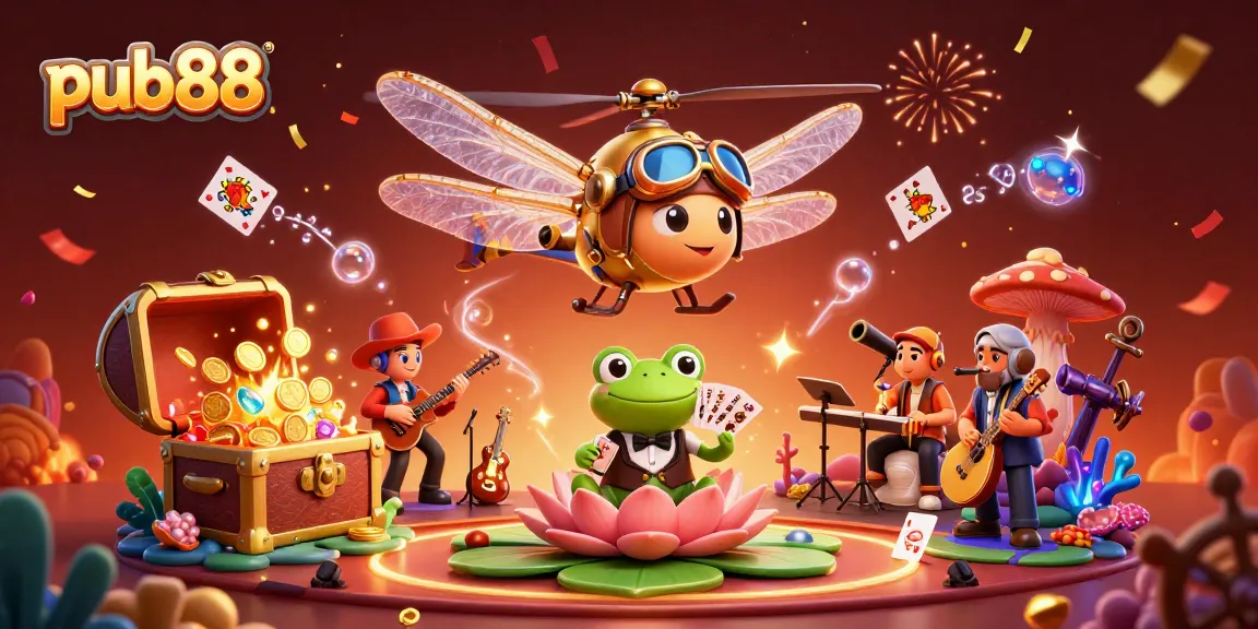 Experience the engaging adventures of pub88 with a lively casino scene featuring animated characters in vibrant colors.