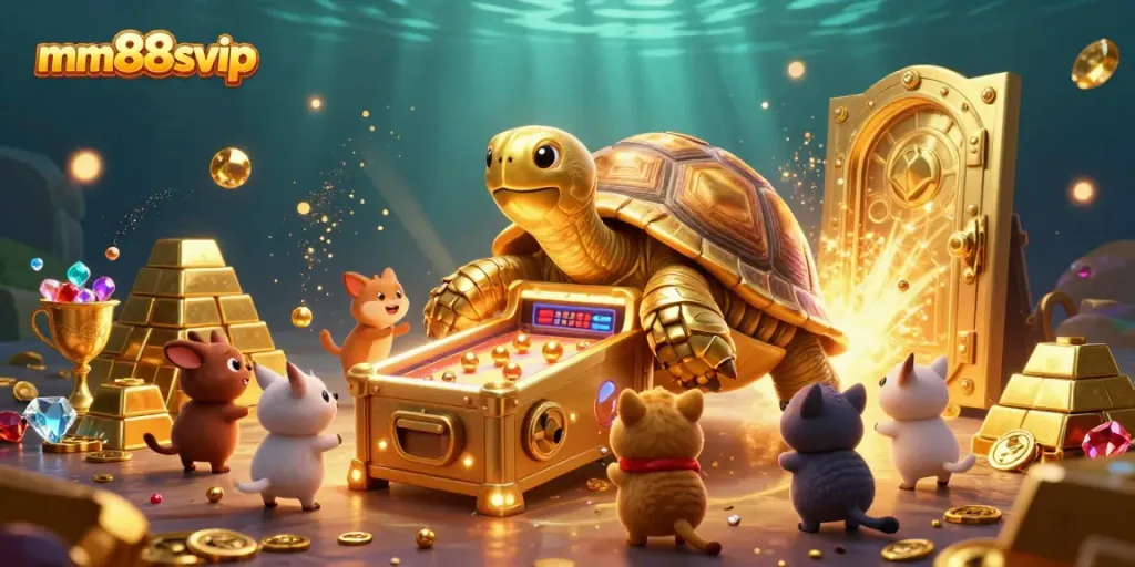 Engage with exciting games at mm88svip, featuring a golden tortoise pinball machine surrounded by treasure.