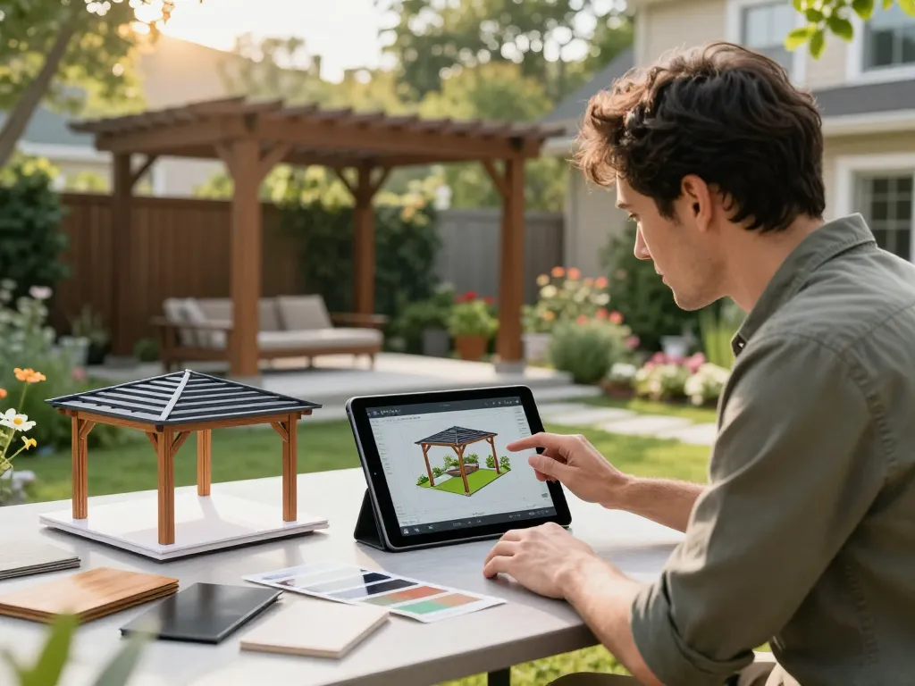 Designer using Pergola Configurator Software in a garden to create custom pergola designs