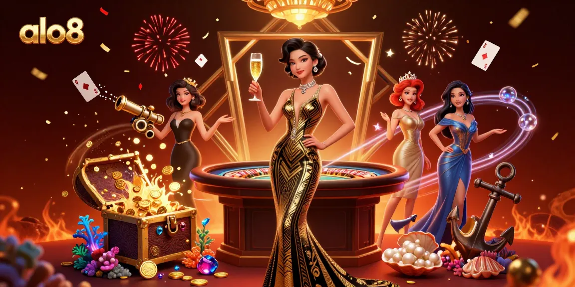 Engage with ALO8's glamorous online casino experience, featuring dynamic characters and vibrant game elements.