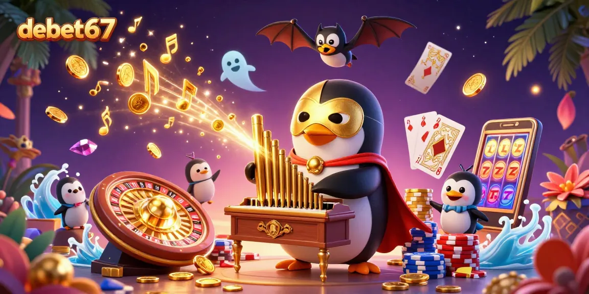 Experience thrilling gameplay at debet67 with a golden penguin organist and casino elements.