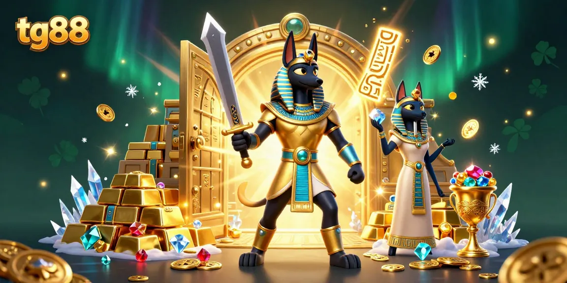 Experience exciting gaming at tg88 with Anubis and Bastet, surrounded by treasure and vibrant gaming elements.