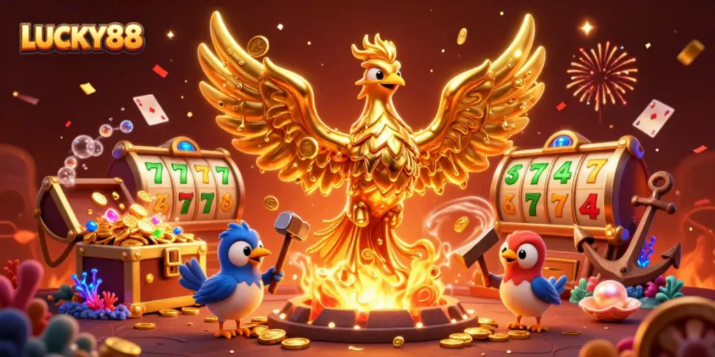 Experience LUCKY88's vibrant golden phoenix and playful atmosphere in a detailed casino scene.