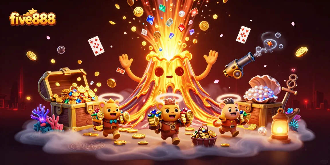 Engage with five888’s vibrant casino scene featuring treasure, games, and a golden volcano