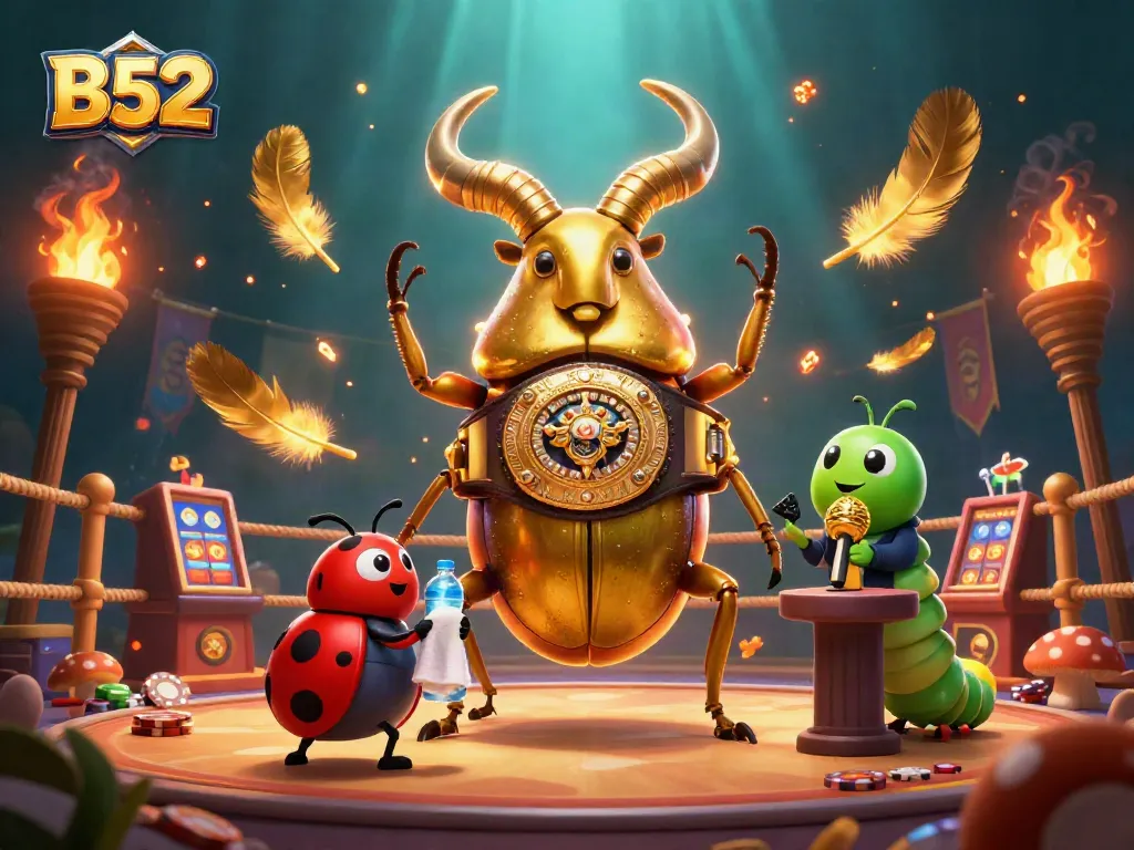 B52 casino illustration showcasing golden stag beetle fighter amidst slot machine symbols and energetic gameplay elements.