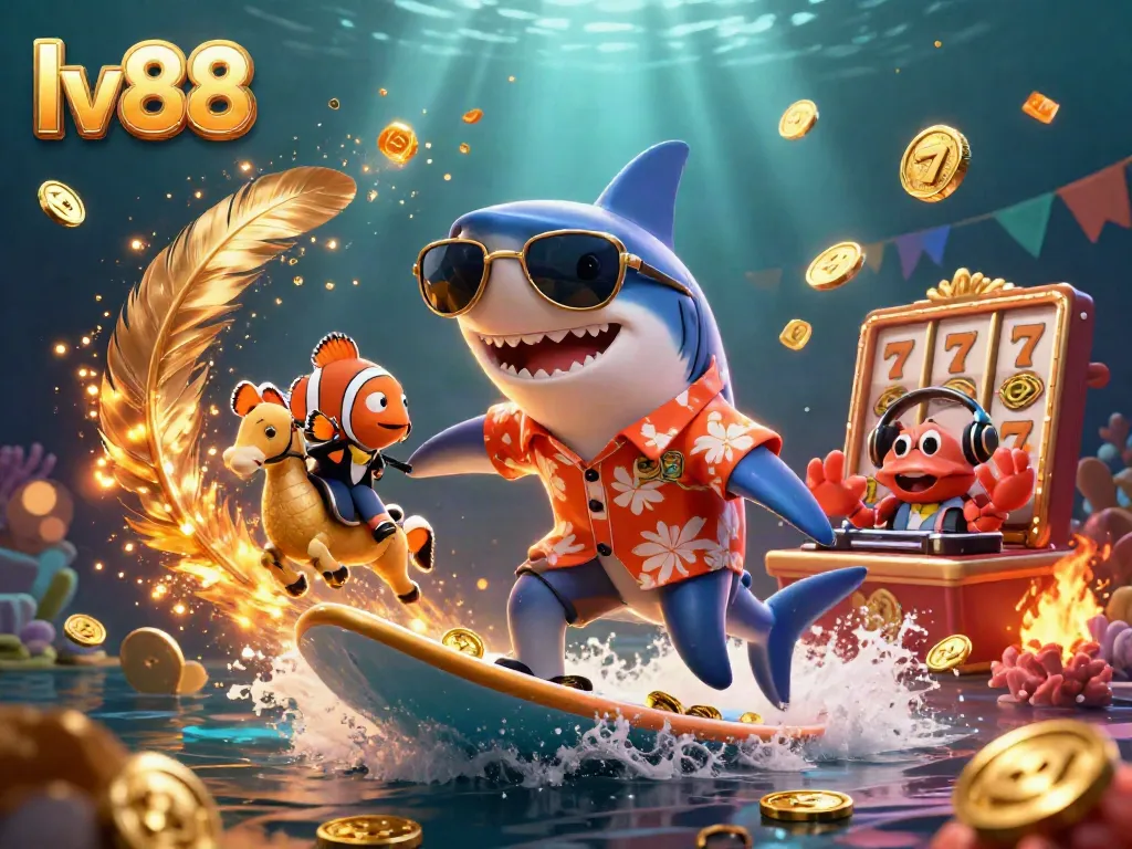 Experience thrilling gameplay at lv88 with a cartoon shark surfing through gold coins and jackpots.