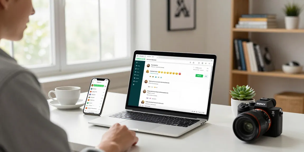Engaged user on WhatsApp網頁版 in a modern home office, showcasing vibrant chat interface and personal workspace.