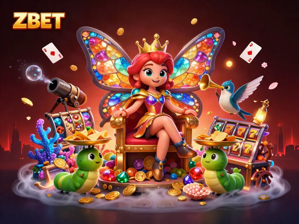 ZBET showcases a vibrant scene with a butterfly queen, chips, and slot elements amidst underwater treasures.