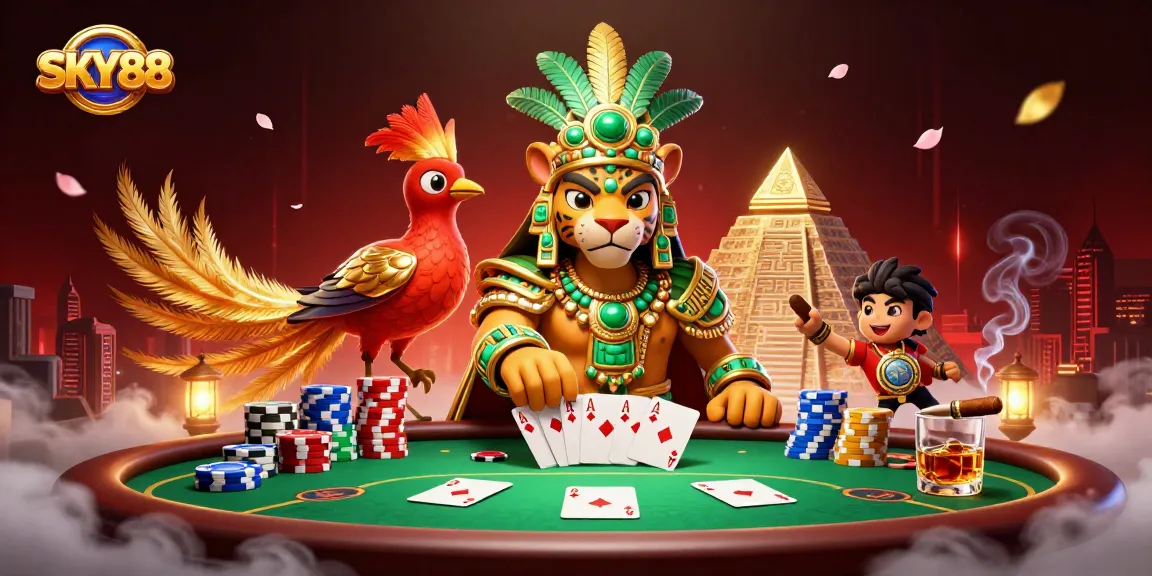 Experience the thrill of gambling at SKY88 with a dynamic casino scene featuring a Mayan priest and vibrant poker elements.
