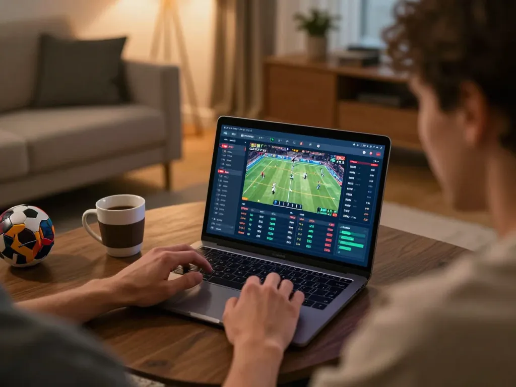 Engaging in sports betting on laptop at home, highlighting 79KING trang chủ for optimal gaming