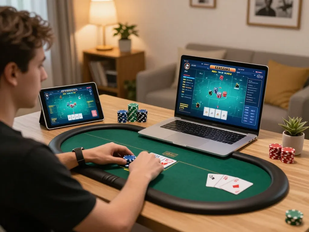 Engaging online poker session showcasing game bài đổi thưởng with player using laptop.