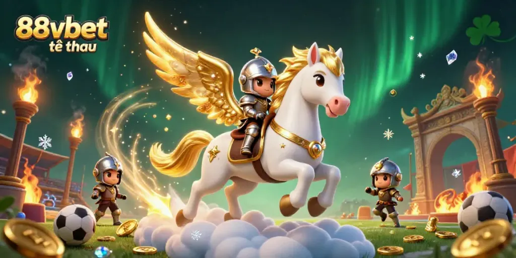 Engage in action with 88vbet thể thao as a knight rides a celestial horse through a vibrant sports setting.