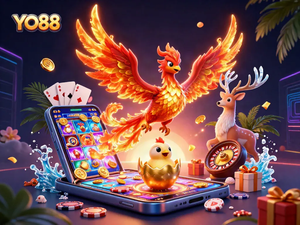 Experience thrilling gameplay with YO88 showcasing a vibrant phoenix amidst casino elements and games.