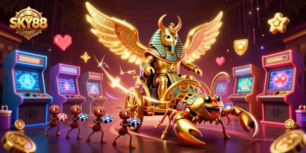 Experience thrilling gaming action with SKY88's unique casino atmosphere and vibrant 3D illustration.
