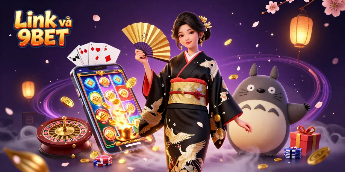 Experience excitement with Link và 9BET showcasing a vibrant casino scene filled with games and lively characters.
