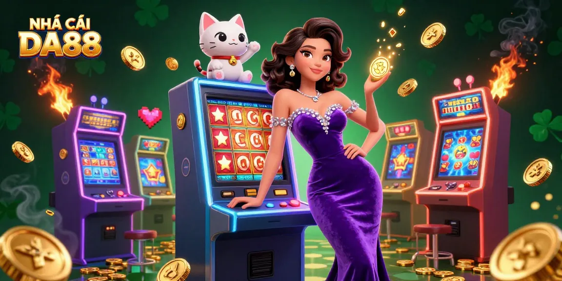 Experience NHÀ CÁI DA88 with a jackpot scene showcasing a glamorous woman and a fortune cat mascot.