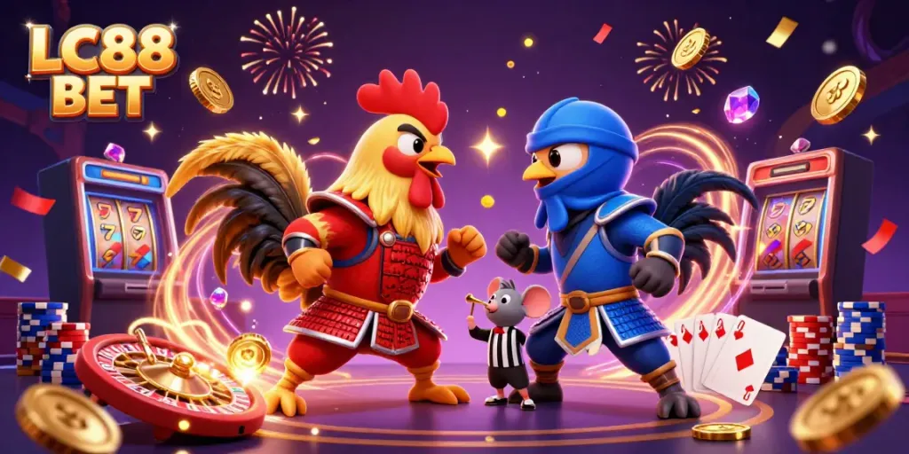 Engage in thrilling battles at LC88 BET with fighting roosters, showcasing vibrant casino elements.