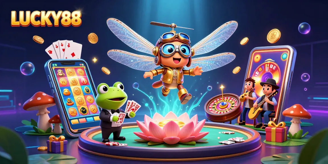 Experience LUCKY88 with an exciting casino scene featuring dynamic characters and vibrant games.