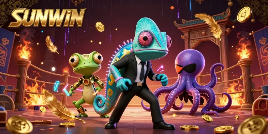 Experience thrilling moments at SUNWIN with a lively 3D cartoon illustration showcasing vibrant gameplay elements and dynamic characters.