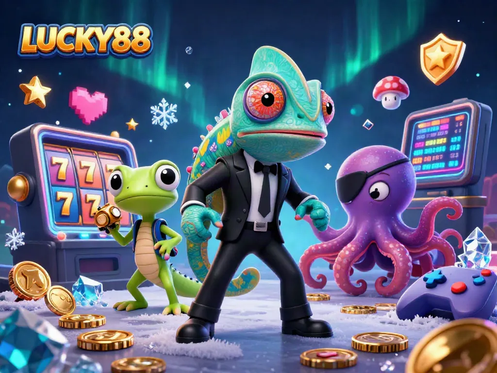 Spin the LUCKY88 slot machine reels for big wins in this colorful casino illustration.