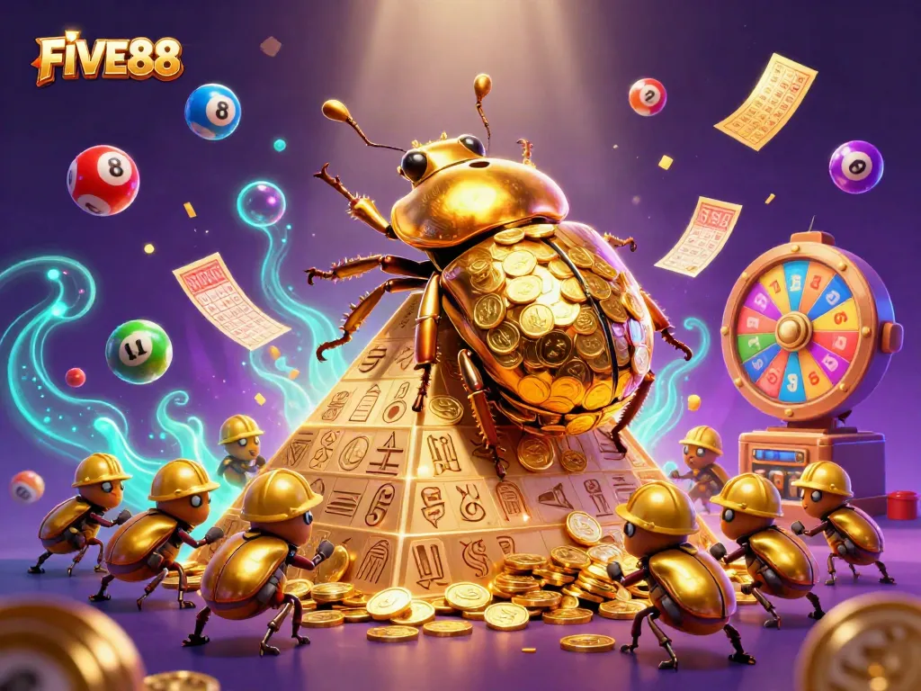Engage with the vibrant world of FIVE88, featuring golden beetles in a dynamic casino scene.