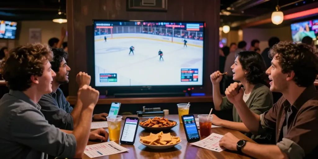 Exciting social gathering at a Canadian bar enjoying sports betting with Streek Sportsbook Canada.