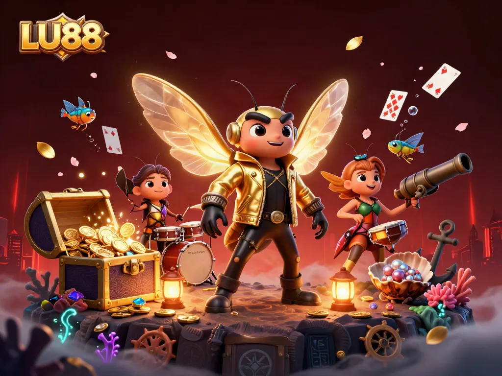 Engage with LU88 in this vibrant 3D casino illustration filled with dynamic game elements.