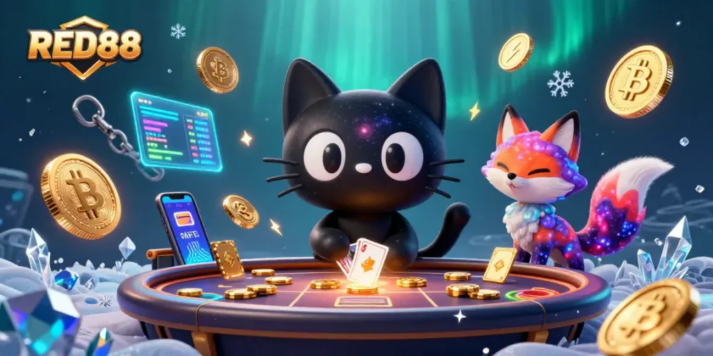 Engage with the thrilling RED88 casino atmosphere, featuring a cosmic cat and vibrant crypto elements.