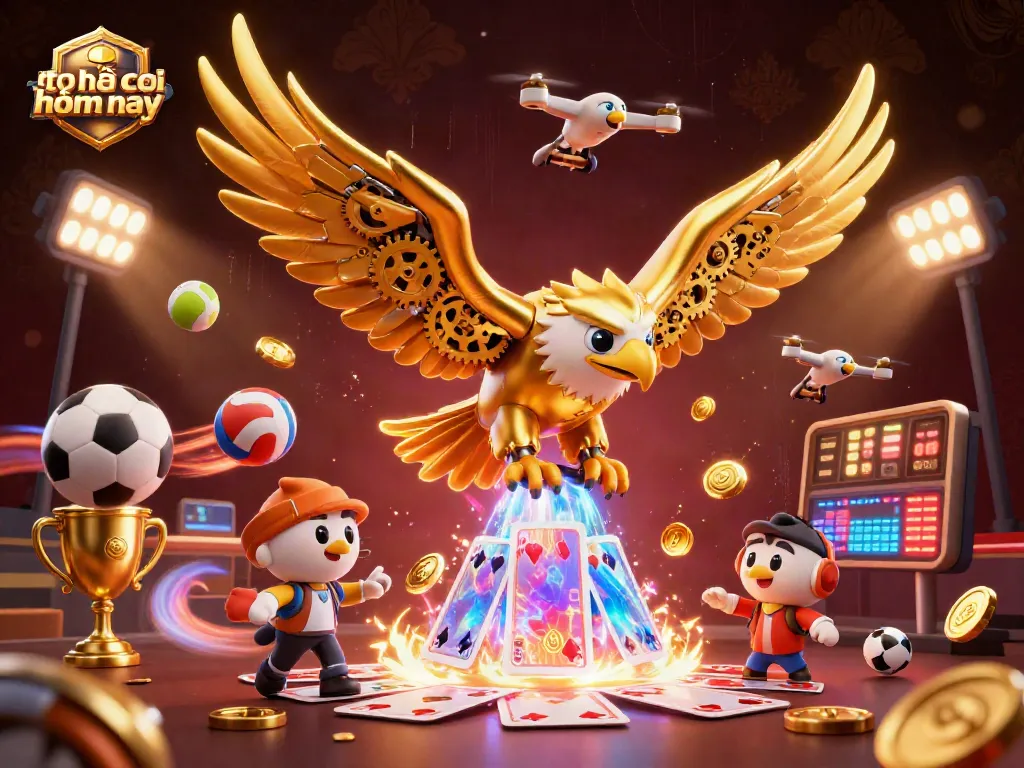 Bets on tỷ lệ kèo nhà cái hôm nay highlighted in a dynamic scene with gold-themed sports elements and a cybernetic eagle
