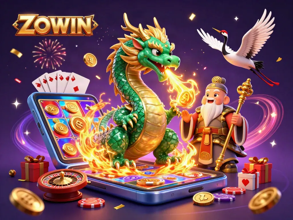 ZOWIN showcases a vibrant 3D casino scene with a jade dragon, turtle sage, and lucky cranes amidst gaming elements.