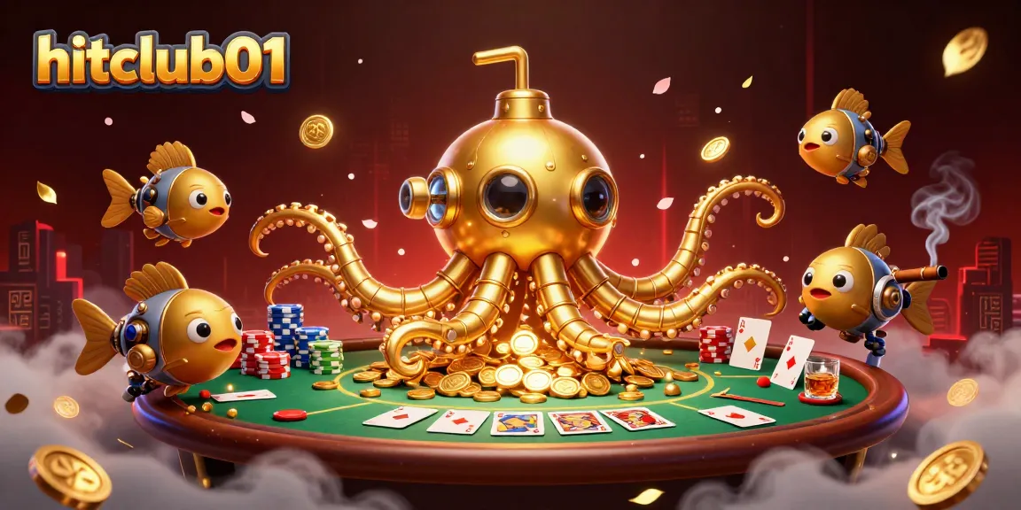 Win big at hitclub01 in a vibrant casino scene, featuring a golden kraken submarine and poker elements.