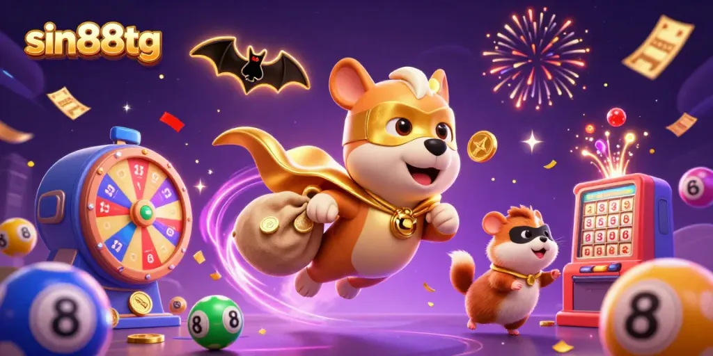 Experience the exciting world of sin88tg as a superhero dog and sidekick hamster celebrate wins with colorful prizes!