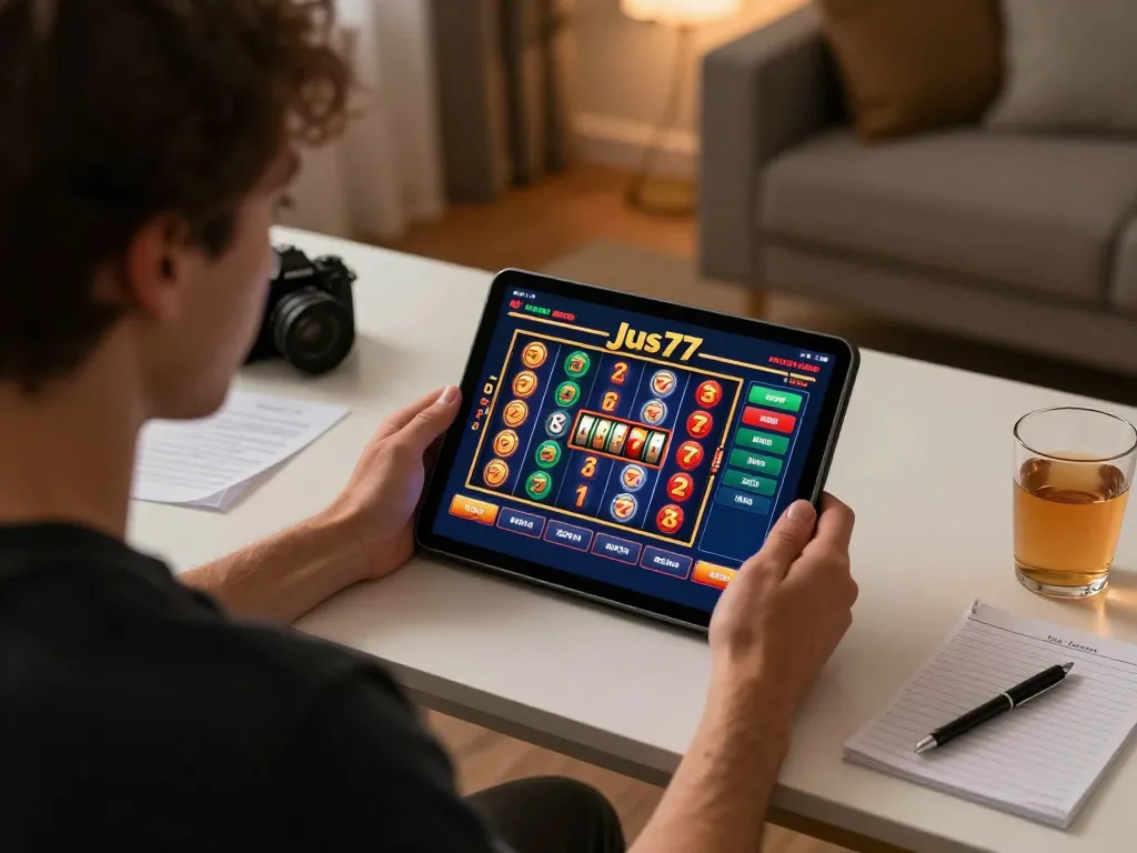 Engaging player enjoying jus77 slot gameplay on tablet, emphasizing strategic focus and excitement.