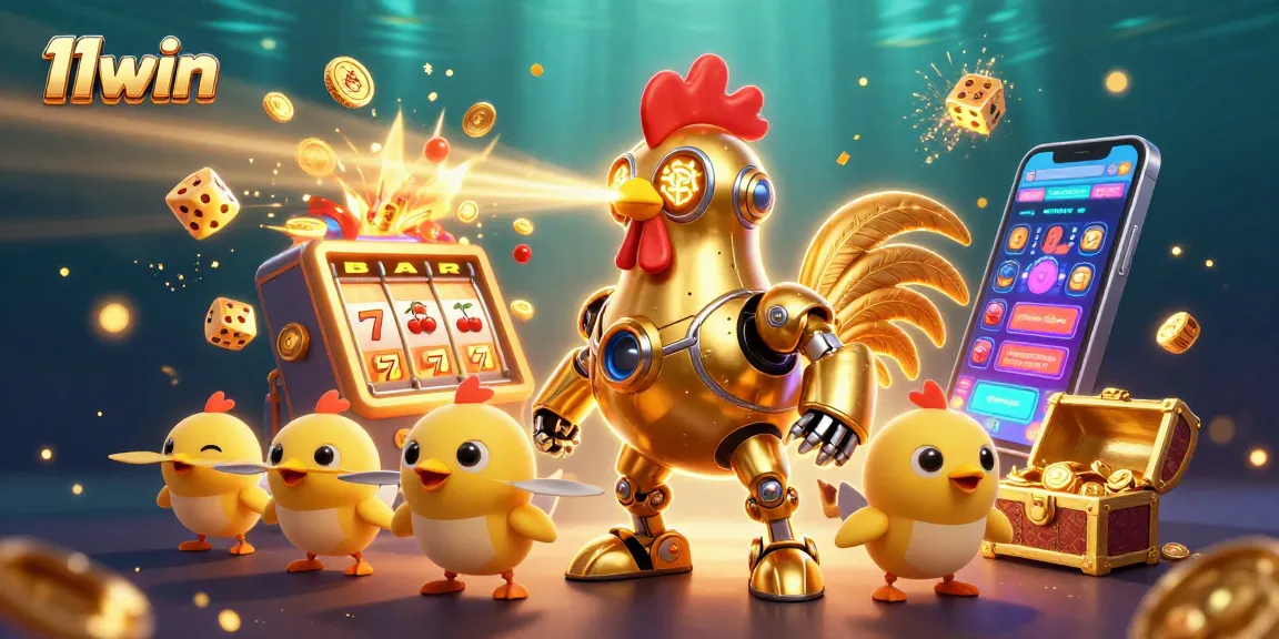 Experience thrilling wins with 11win's vibrant 3D casino scene featuring a golden rooster robot.
