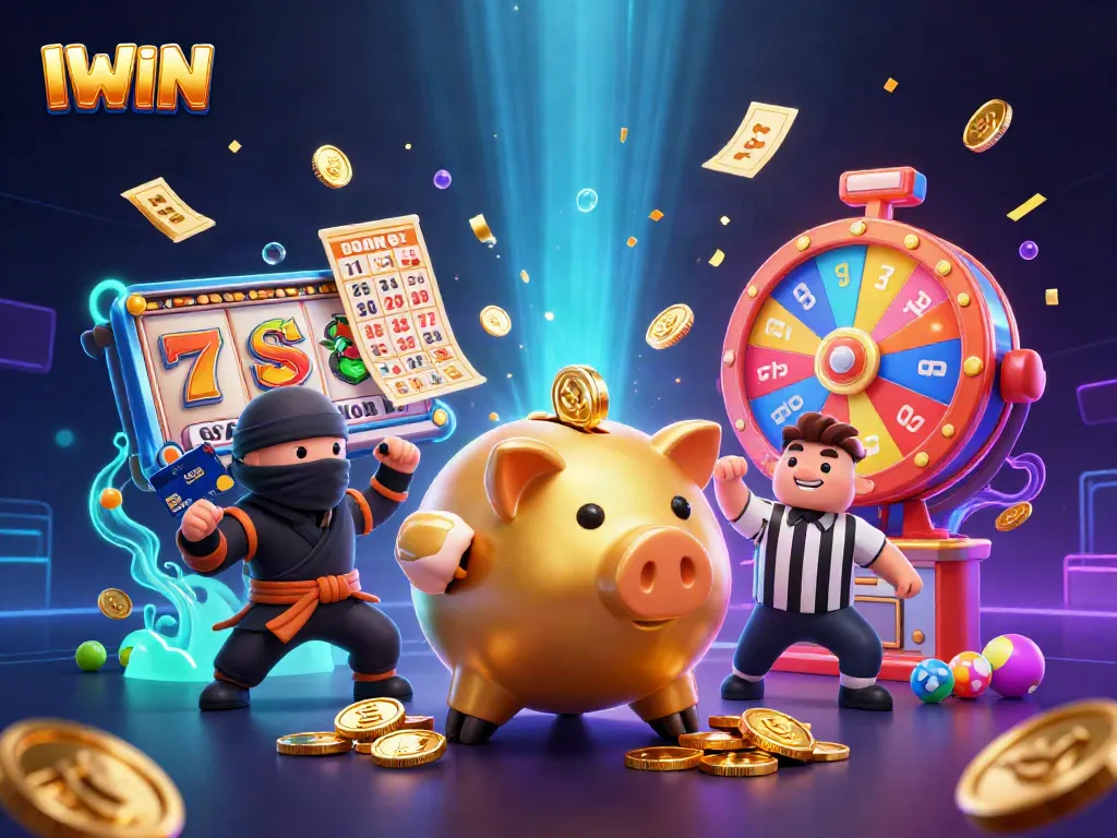 IWIN challenges slot players with a dynamic scene featuring a golden piggy bank sumo wrestler and vibrant slot game elements.