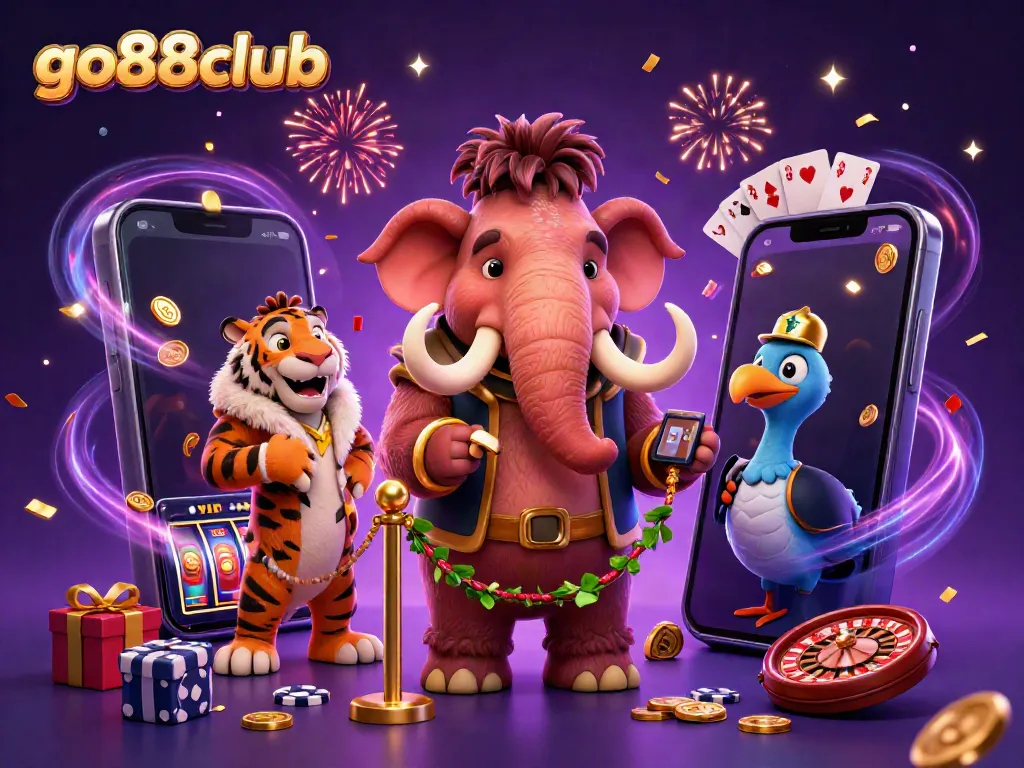 Join the fun at go88club with vibrant casino characters in a lively colorful scene.