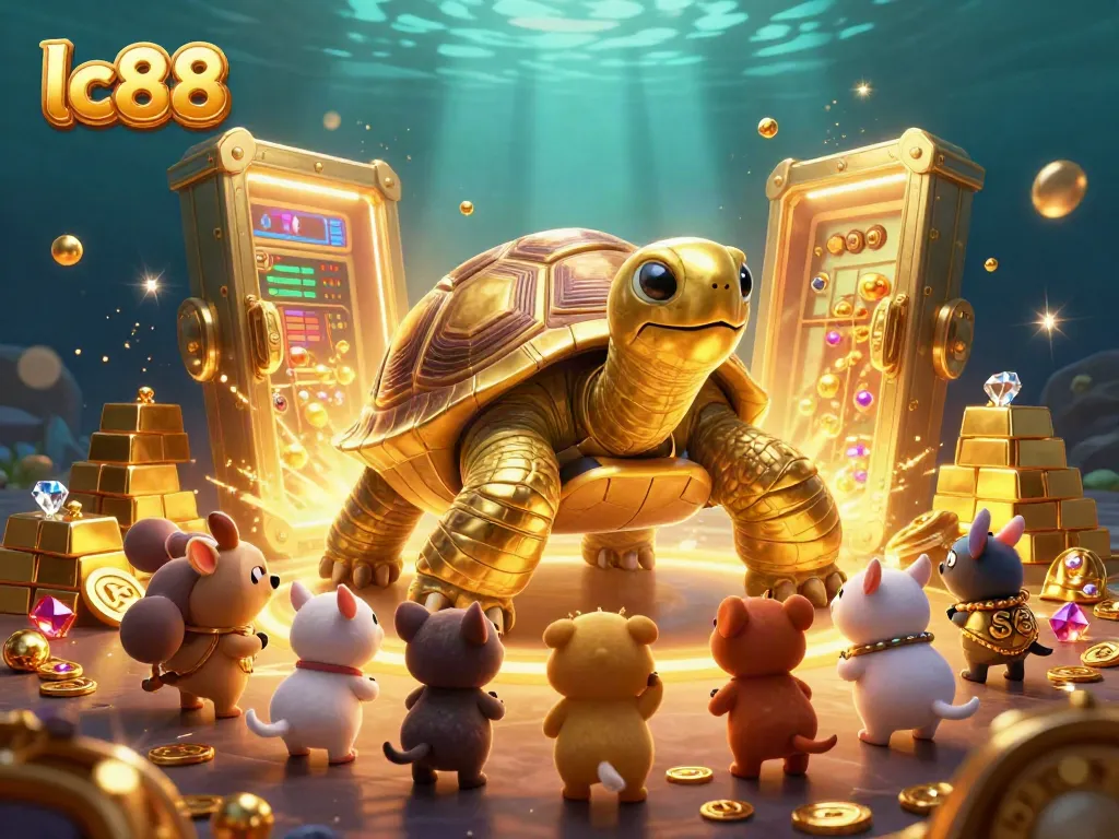 Engage with lc88's thrilling online casino experience featuring a golden tortoise and vibrant games.