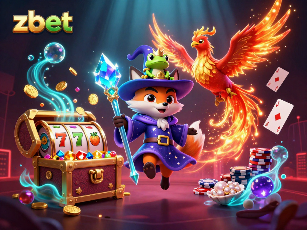 Zbet engages players with a thrilling illustration of a wizard fox and phoenix amid a treasure of casino elements.