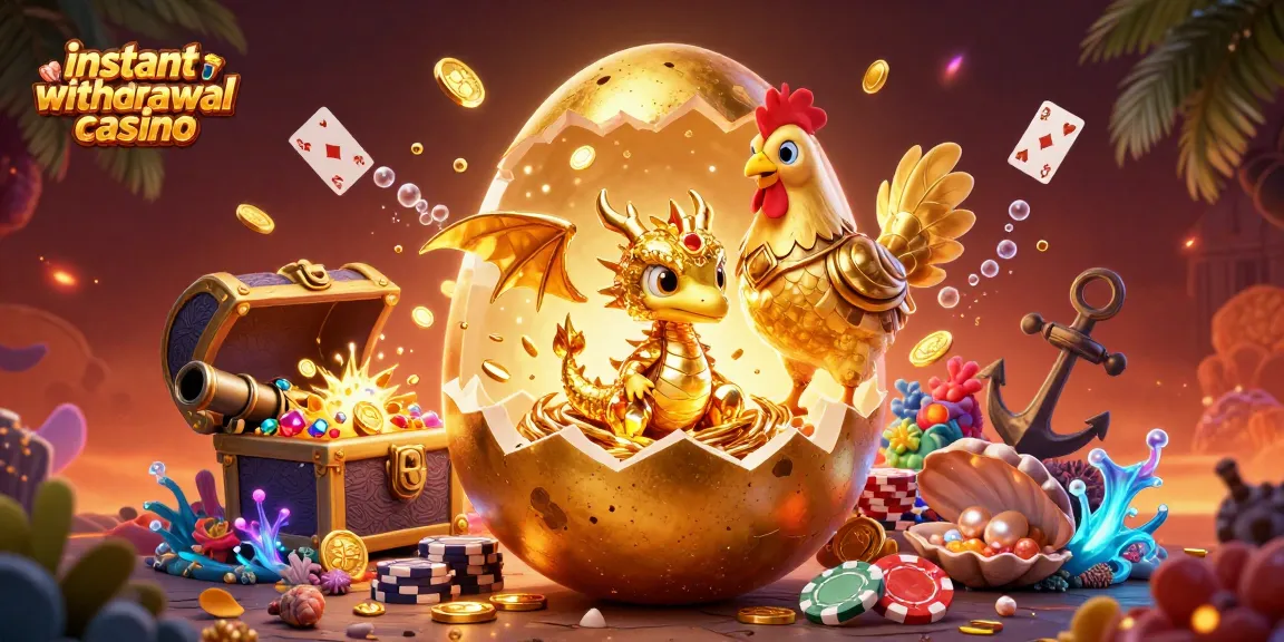 Discover instant withdrawal casino excitement with golden dragon, chips, and vibrant underwater treasures.