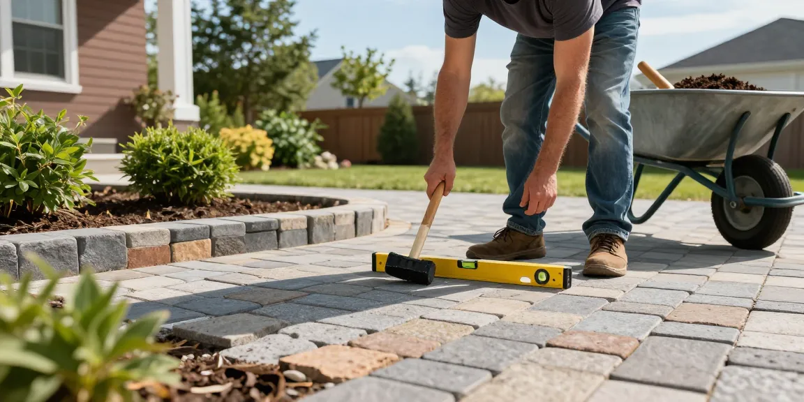 Interlock installation Ottawa - Skilled landscaper laying pavers in a sunny backyard, showcasing quality workmanship.
