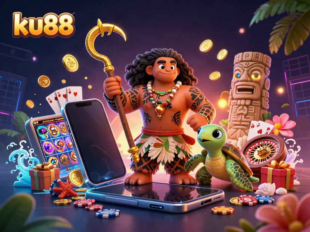 Experience vibrant gameplay with ku88 in this stunning 3D casino scene featuring tropical characters and gaming elements.