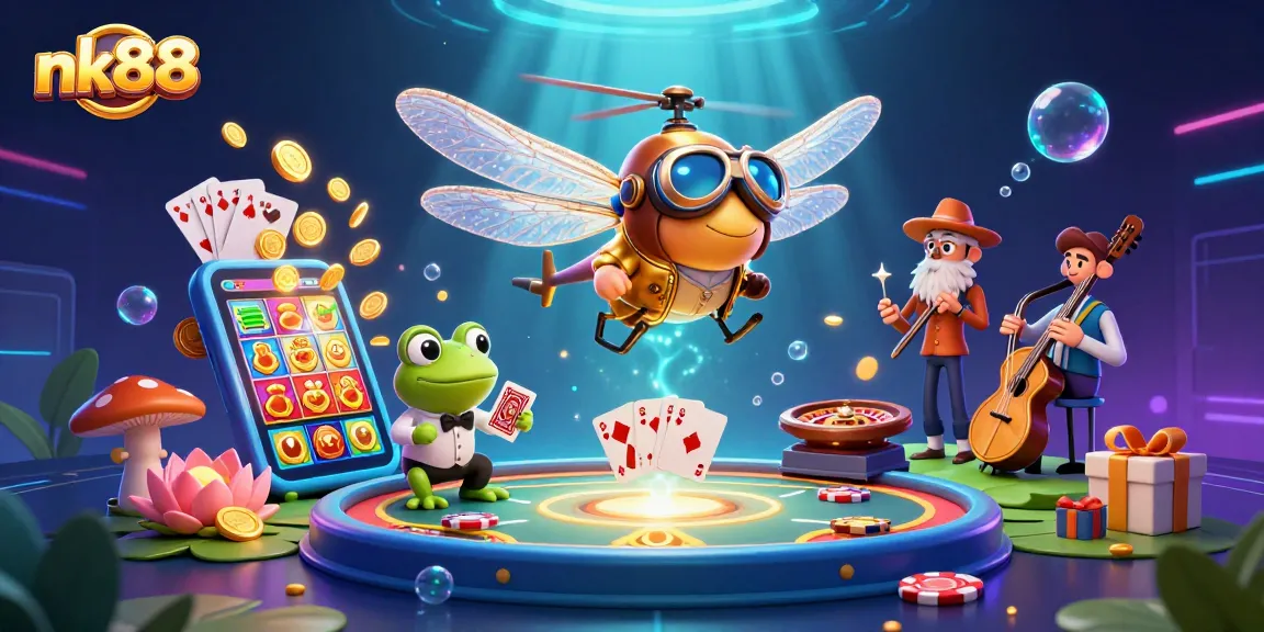 nk88 showcases a vibrant dragonfly pilot casino scene with cards, slots, and jazz musicians.